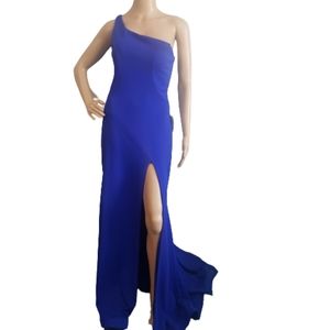 One-Shoulder High-Slit-Hem Scuba Crepe Train Ball Gown